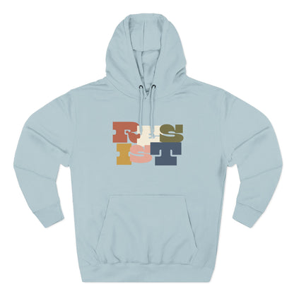 Light blue hoodie with colorful "RESIST" text