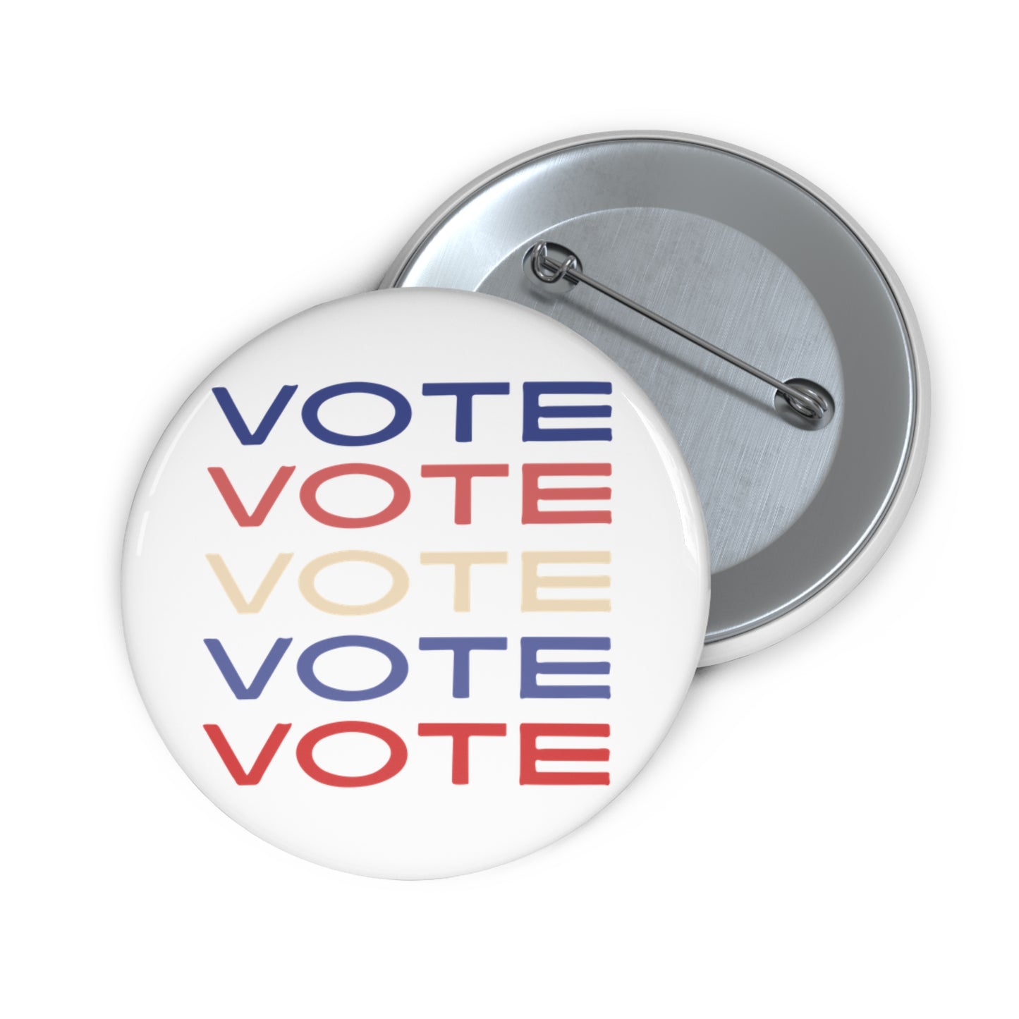 Two round pinback buttons on a white background, showing the front and back. The front button is white with the word 'VOTE' repeated vertically in blue, red, and beige.