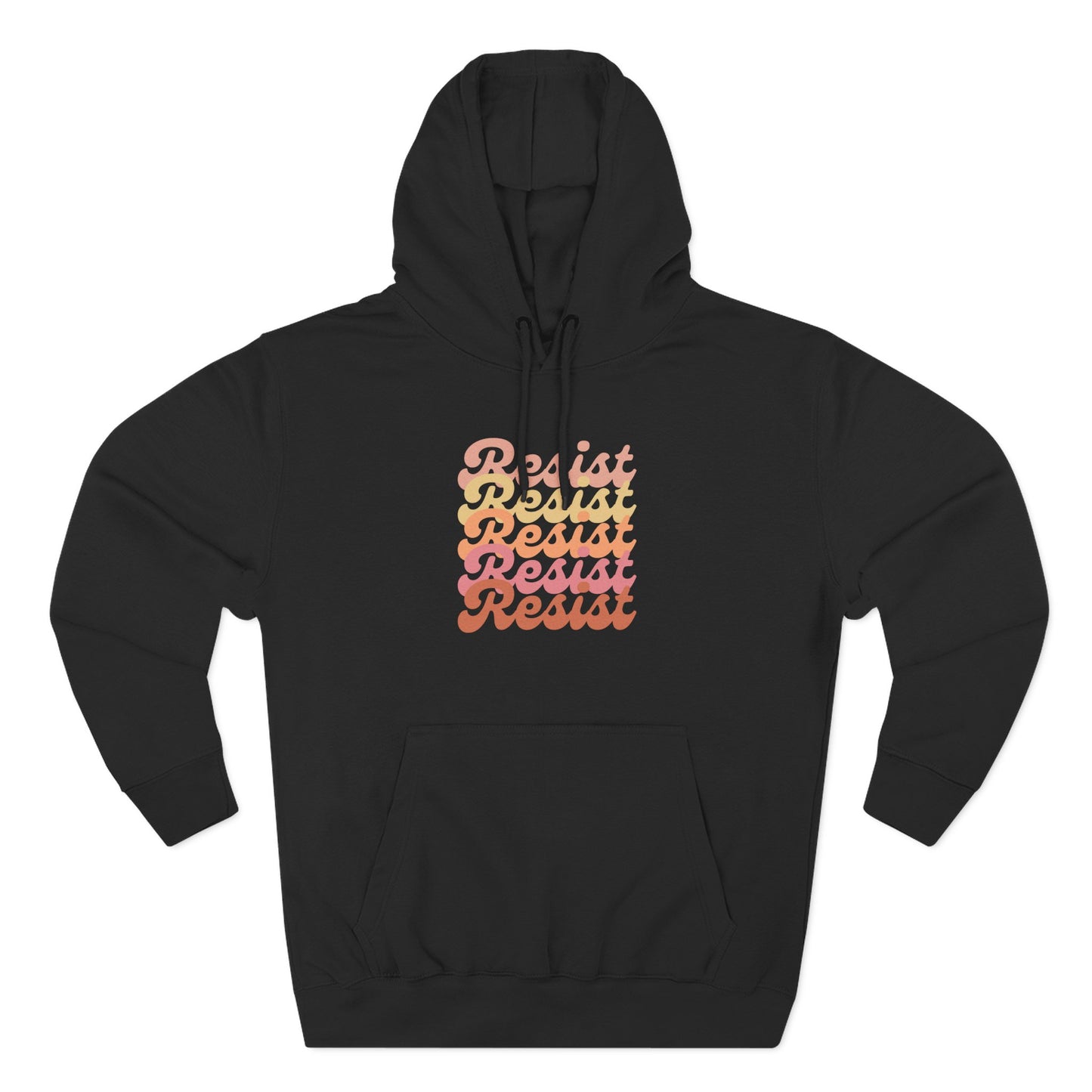 Black hoodie with 'Resist' text in gradient colors 