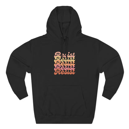 Black hoodie with 'Resist' text in gradient colors 
