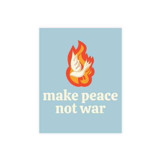 Light blue post card with an orange and white flame-dove graphic and 'make peace not war' text in cream