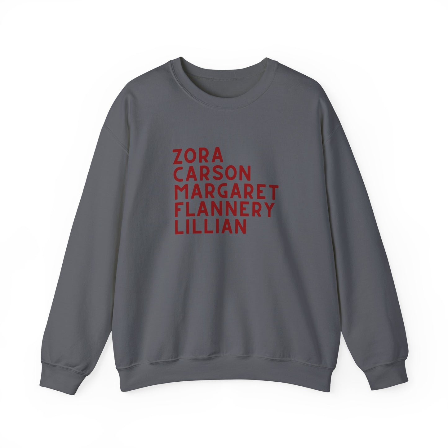 Gray sweatshirt with red text "Zora, Carson, Margaret, Flannery, Lillian"