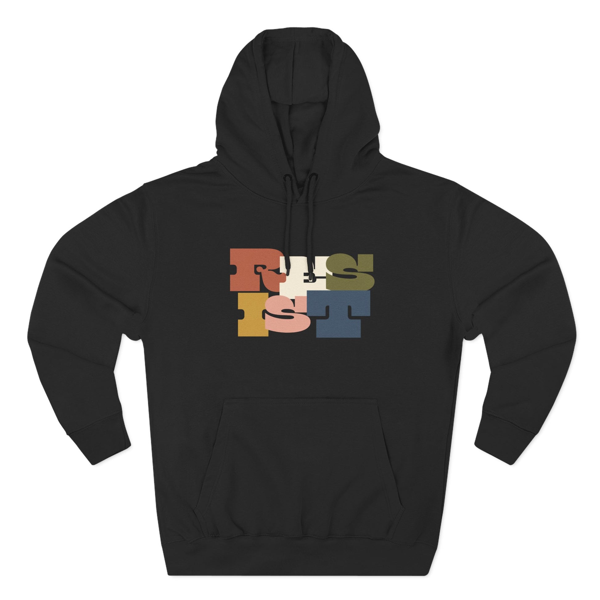 Black hoodie with colorful "RESIST" text