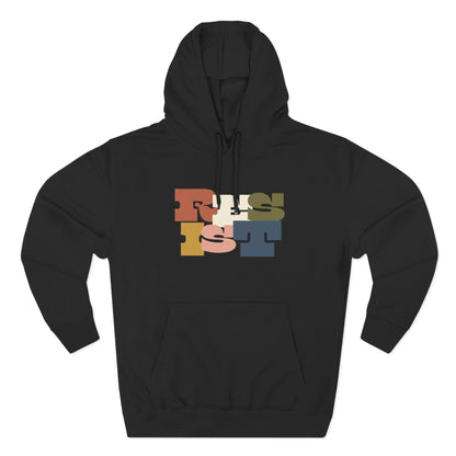 Black hoodie with colorful "RESIST" text