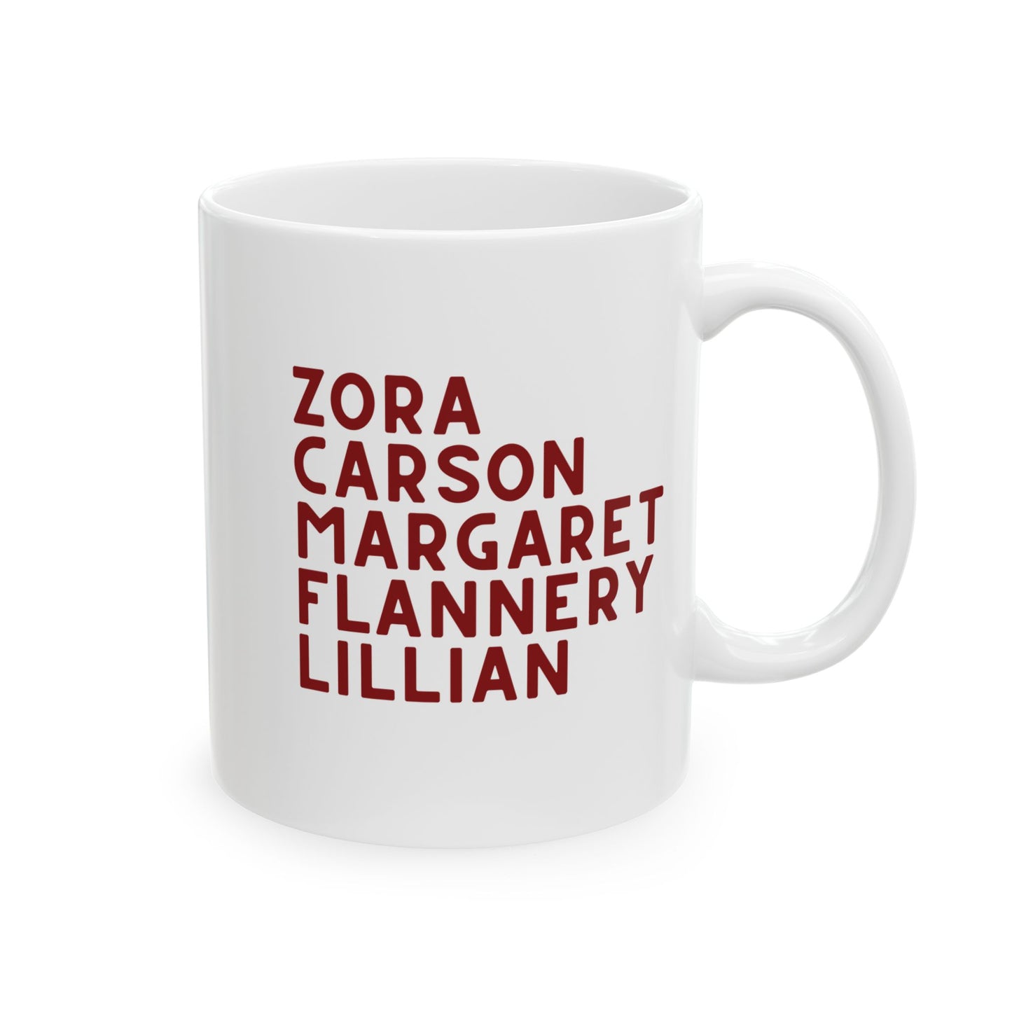 White mug with red text "Zora, Carson, Margaret, Flannery, Lillian"