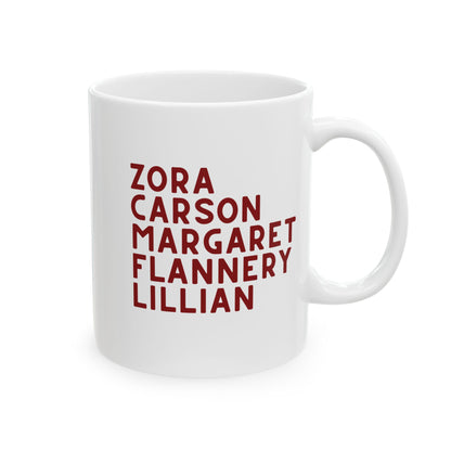 White mug with red text "Zora, Carson, Margaret, Flannery, Lillian"