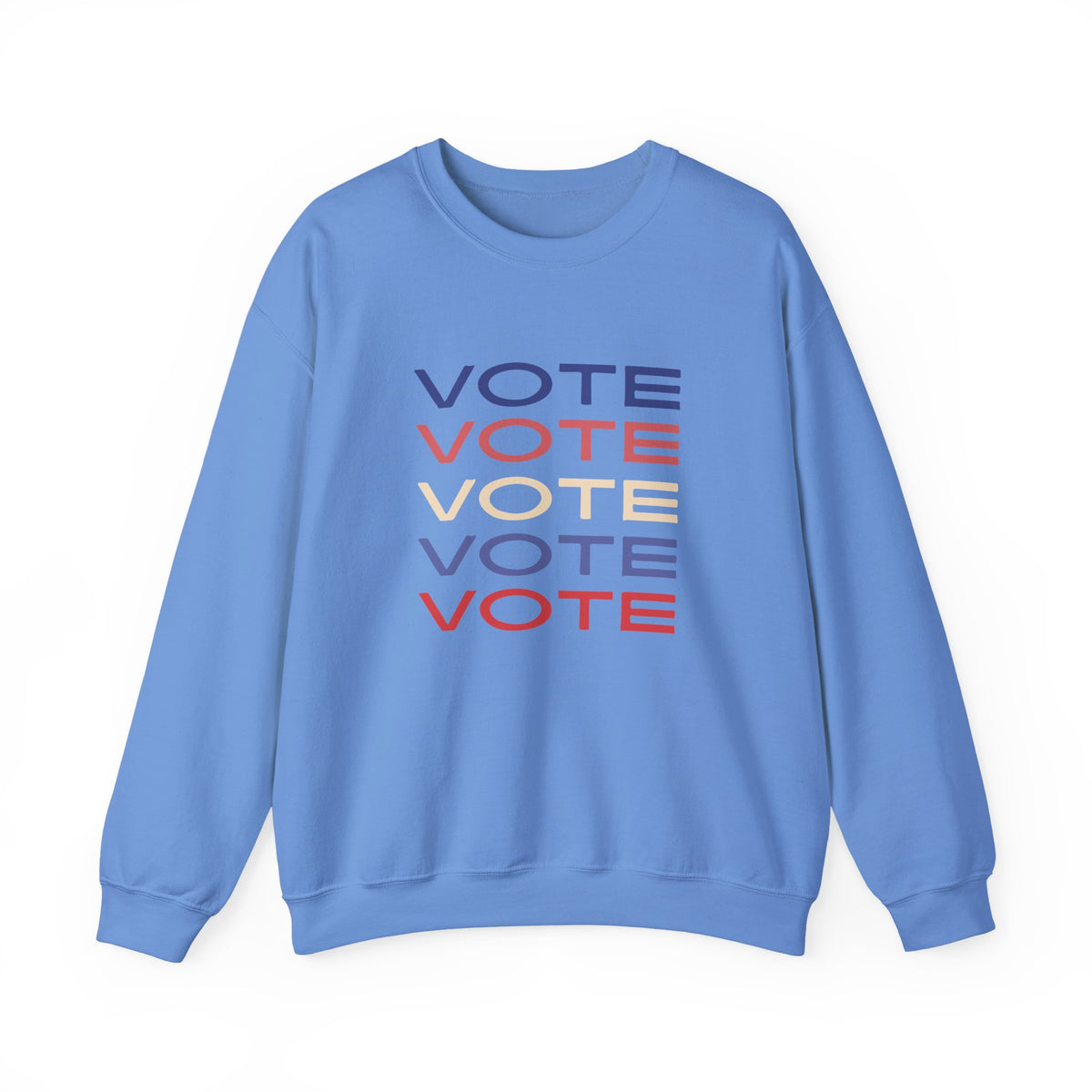 A light blue crewneck sweatshirt featuring a stacked graphic print of the word 'VOTE' in blue, red, and beige, displayed on a clean white background.