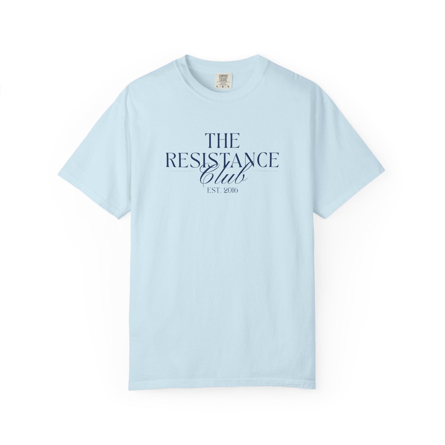 Light blue t-shirt with 'The Resistance Club' navy blue text