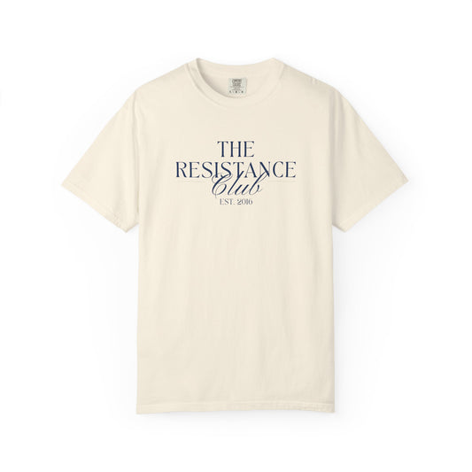 Beige t-shirt with 'The Resistance Club' navy blue text