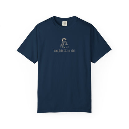 Navy blue unisex Comfort Colors t-shirt with Jesus sketch graphic and "brown, broke & born in a barn" in cream text