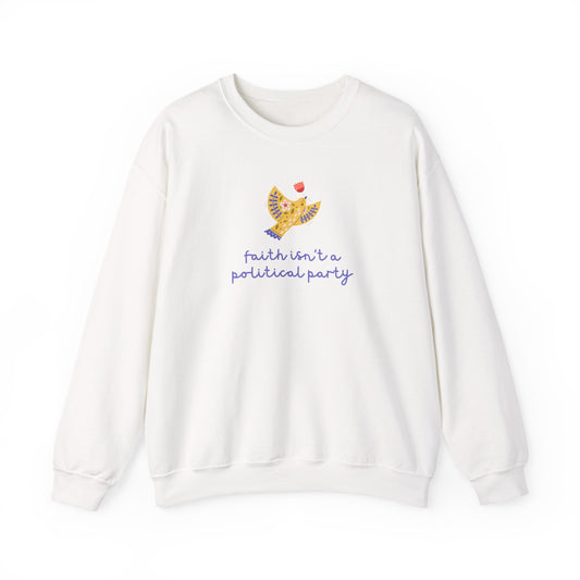 White sweatshirt with a folk art dove graphic and purple text "faith isn't a political party"