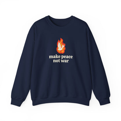 Navy blue sweatshirt with an orange flame graphic with a white dove over it and 'make peace not war' cream text
