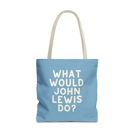 Blue tote bag with 'What Would John Lewis Do?' cream text