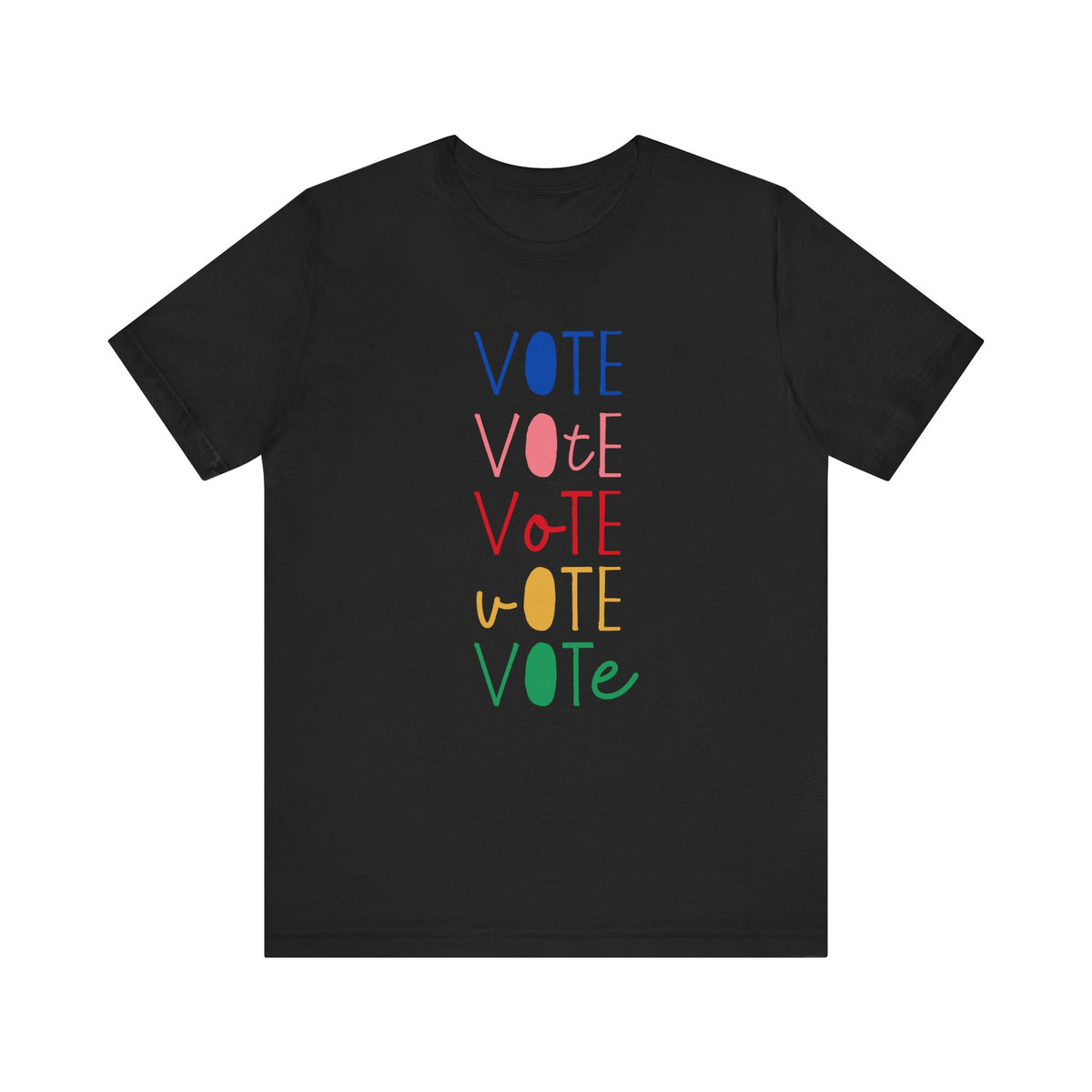 A black short-sleeve t-shirt with a vertical graphic on the chest spelling 'VOTE' in alternating bright colors (blue, pink, red, yellow, green) with oval letterforms, shown on a plain white background.