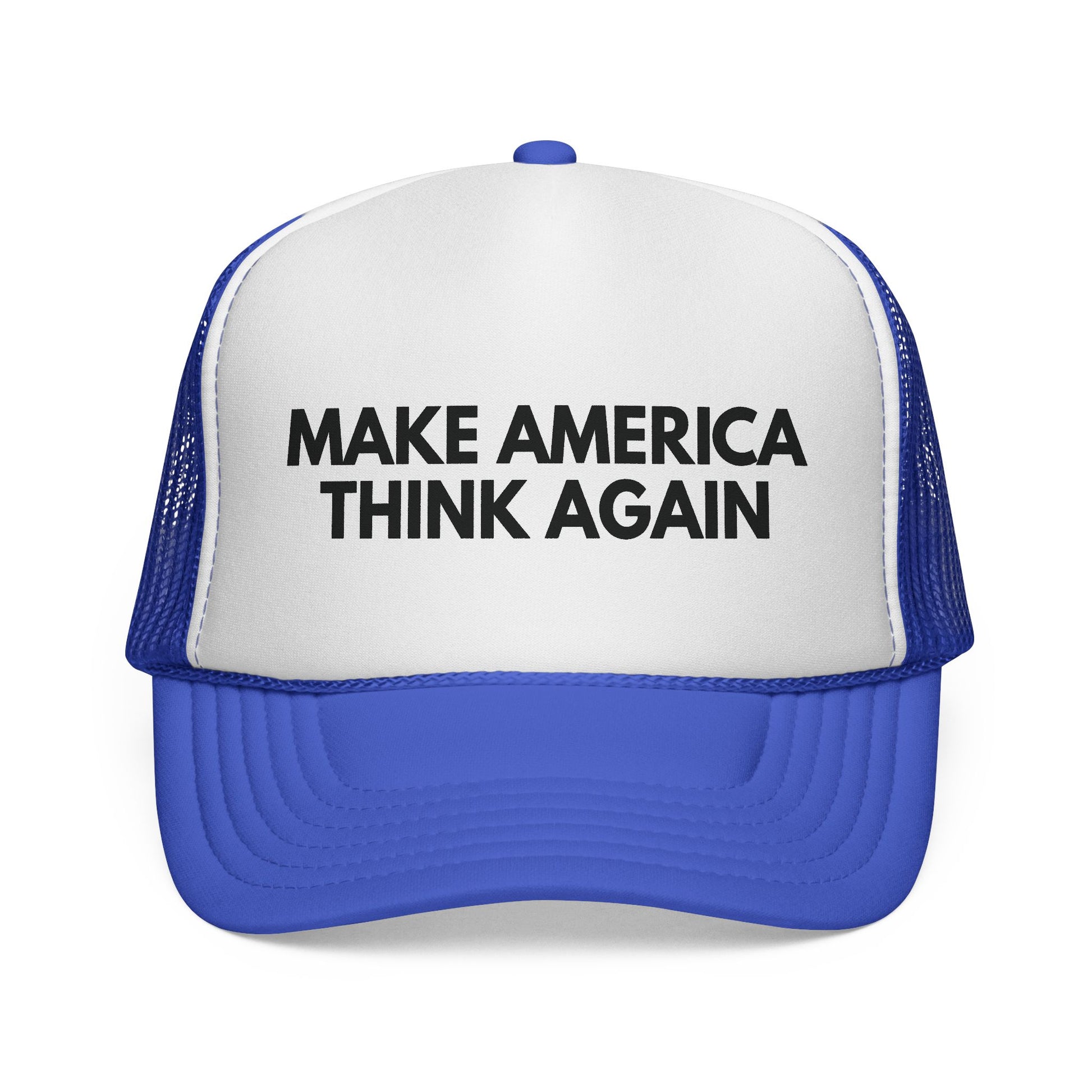 Royal blue and white mesh trucker cap with 'MAKE AMERICA THINK AGAIN' text in black