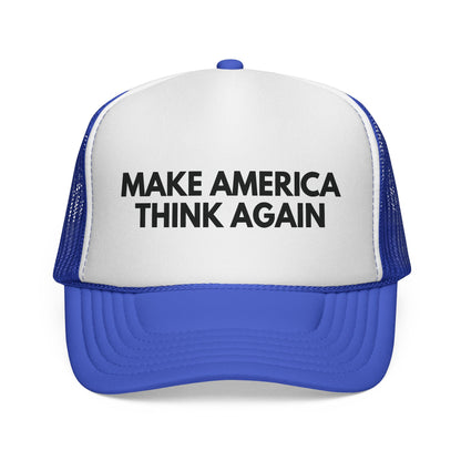 Royal blue and white mesh trucker cap with 'MAKE AMERICA THINK AGAIN' text in black