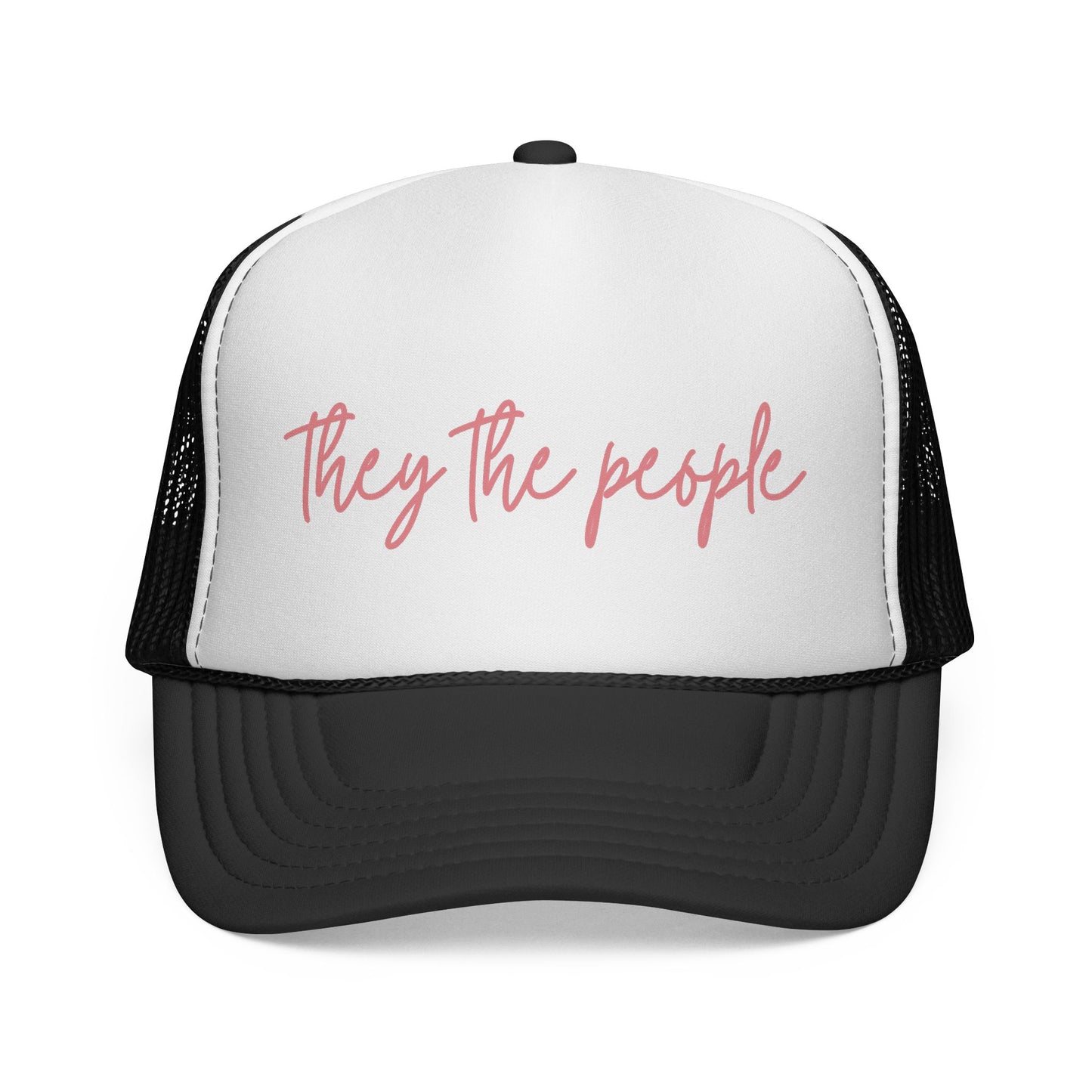 Black and white mesh trucker hat with 'They the people' text in pink 