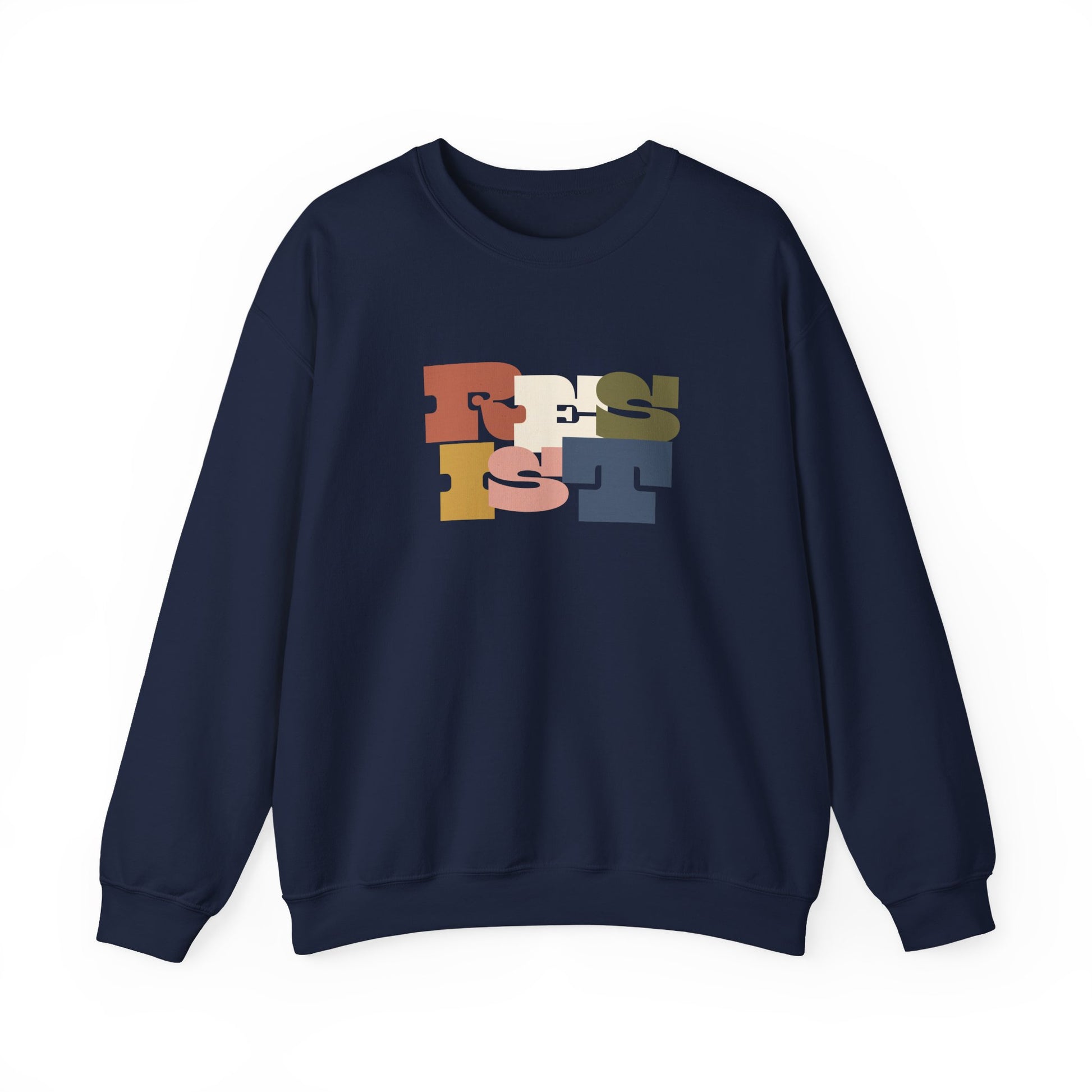 Navy blue sweatshirt with colorful 'RESIST' text 