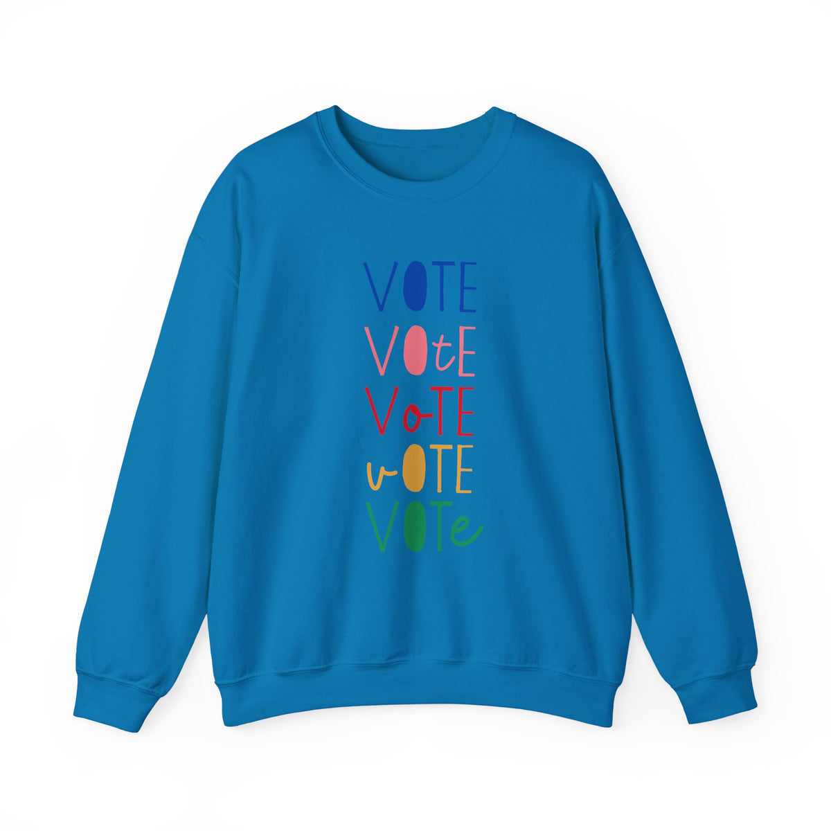 A bright blue crewneck sweatshirt featuring a vertical graphic print of the word 'VOTE' repeated five times in alternating colors: blue, pink, red, yellow, and green.