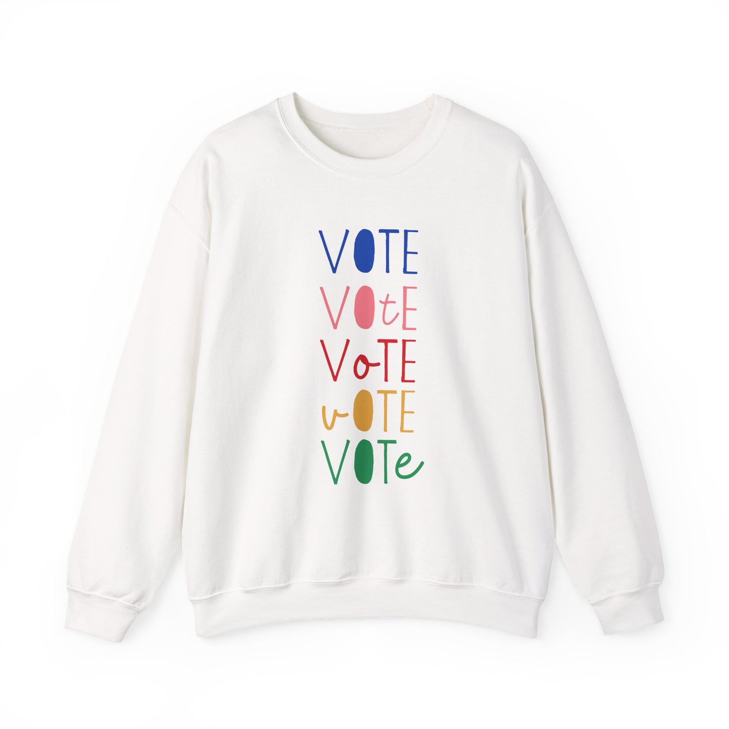 A white crewneck sweatshirt featuring a vertical graphic print of the word 'VOTE' repeated five times in alternating colors: blue, pink, red, yellow, and green.