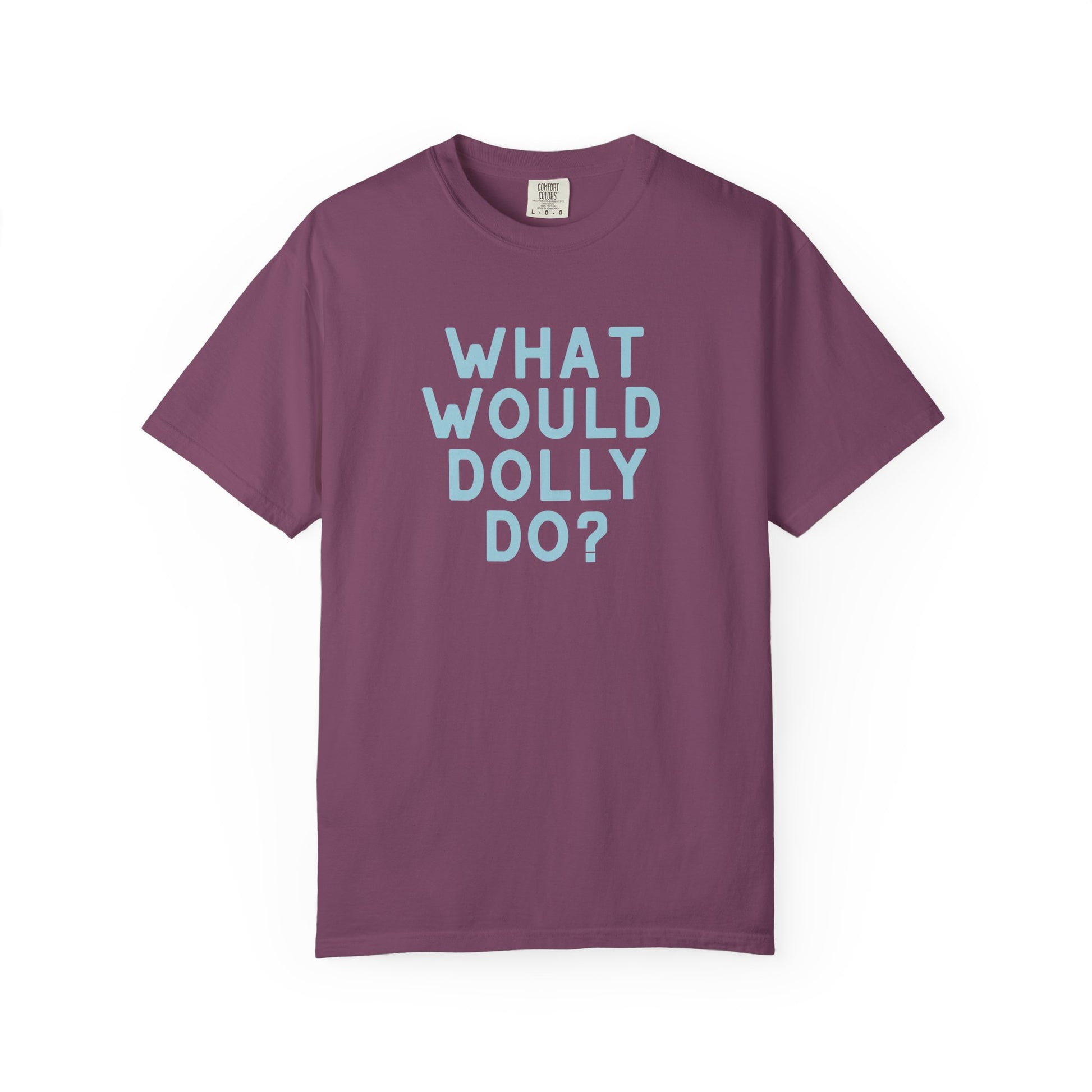 An eggplant purple short-sleeve crewneck t-shirt with the text 'WHAT WOULD DOLLY DO?' printed in a matching light blue font on the front, displayed against a clean white background.