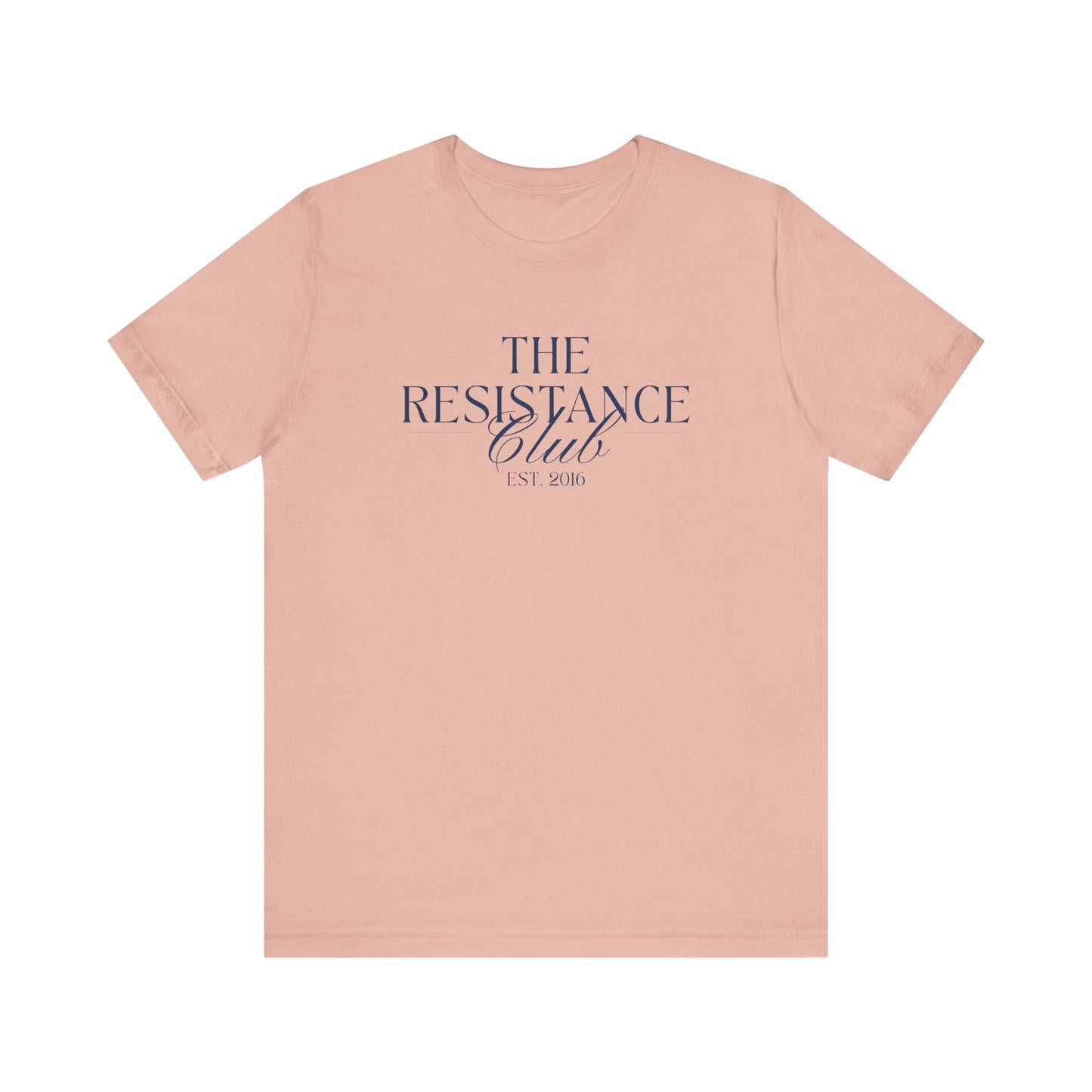 Pink t-shirt with 'The Resistance Club' text in navy blue 