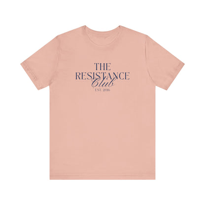 Pink t-shirt with 'The Resistance Club' text in navy blue 