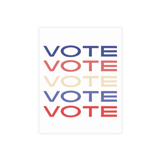 A minimalist typographic art print featuring the word 'VOTE' repeated five times in a stacked layout, with alternating colors of dark blue, muted red, warm cream, dark blue, and muted red on a white background.