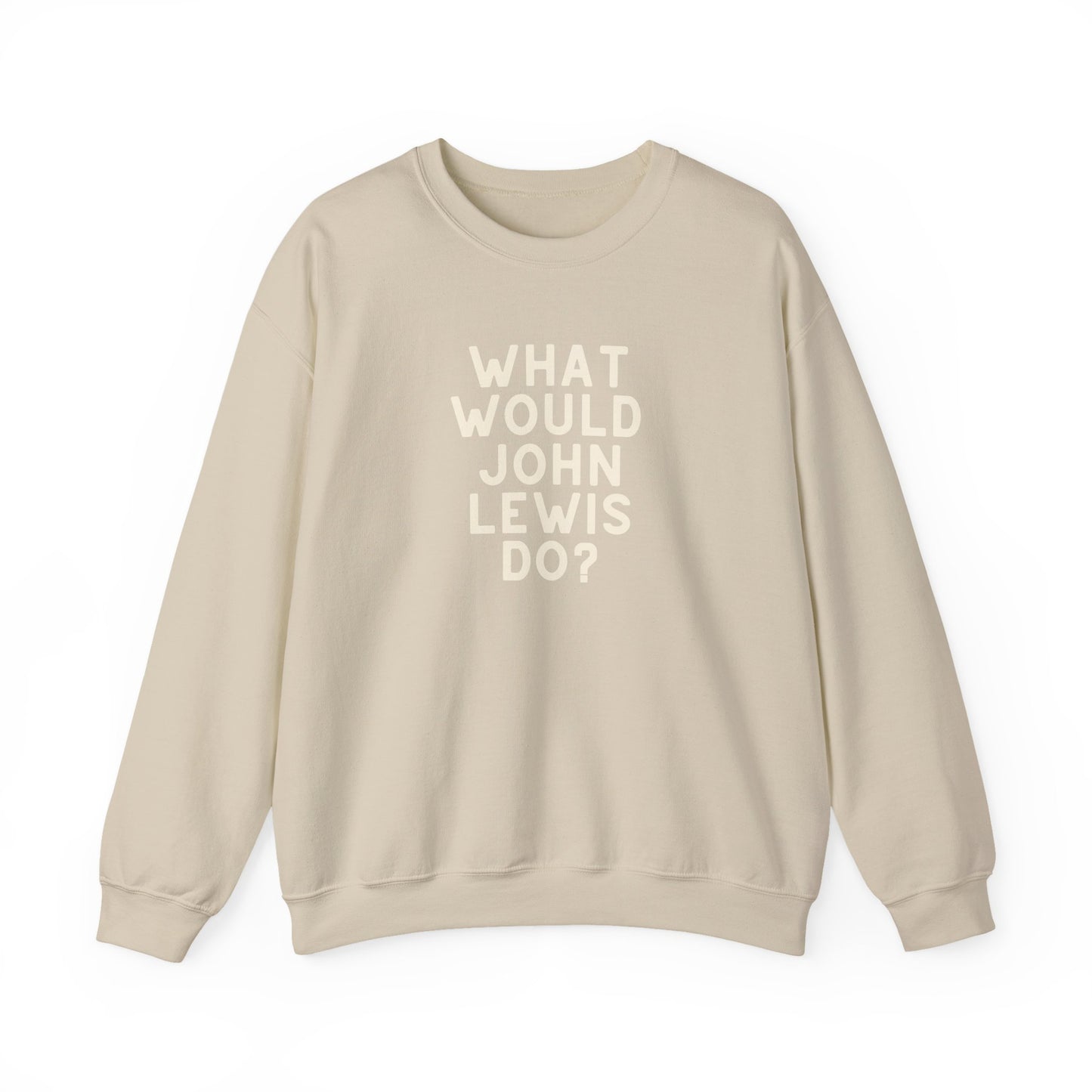 Tan unisex crewneck sweatshirt with 'What Would John Lewis Do?' cream text