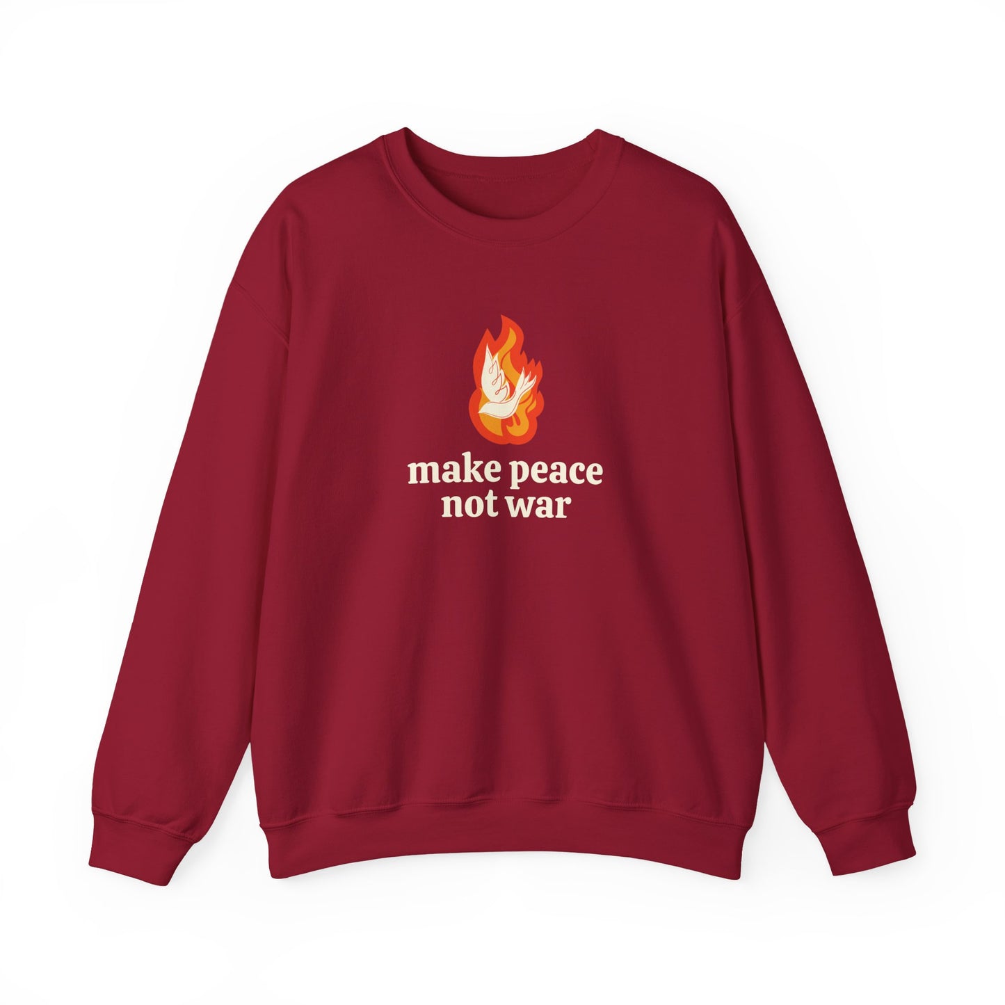 Red sweatshirt with an orange flame graphic with a white dove over it and 'make peace not war' cream text