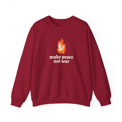 Red sweatshirt with an orange flame graphic with a white dove over it and 'make peace not war' cream text