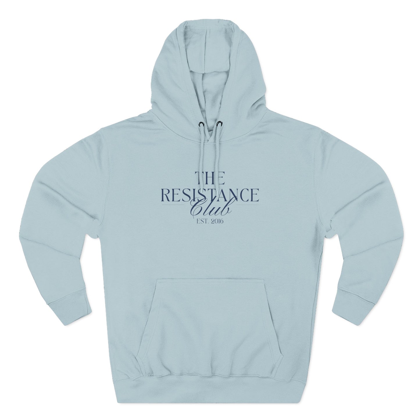 Light blue hoodie with 'The Resistance Club est. 2016' navy blue text