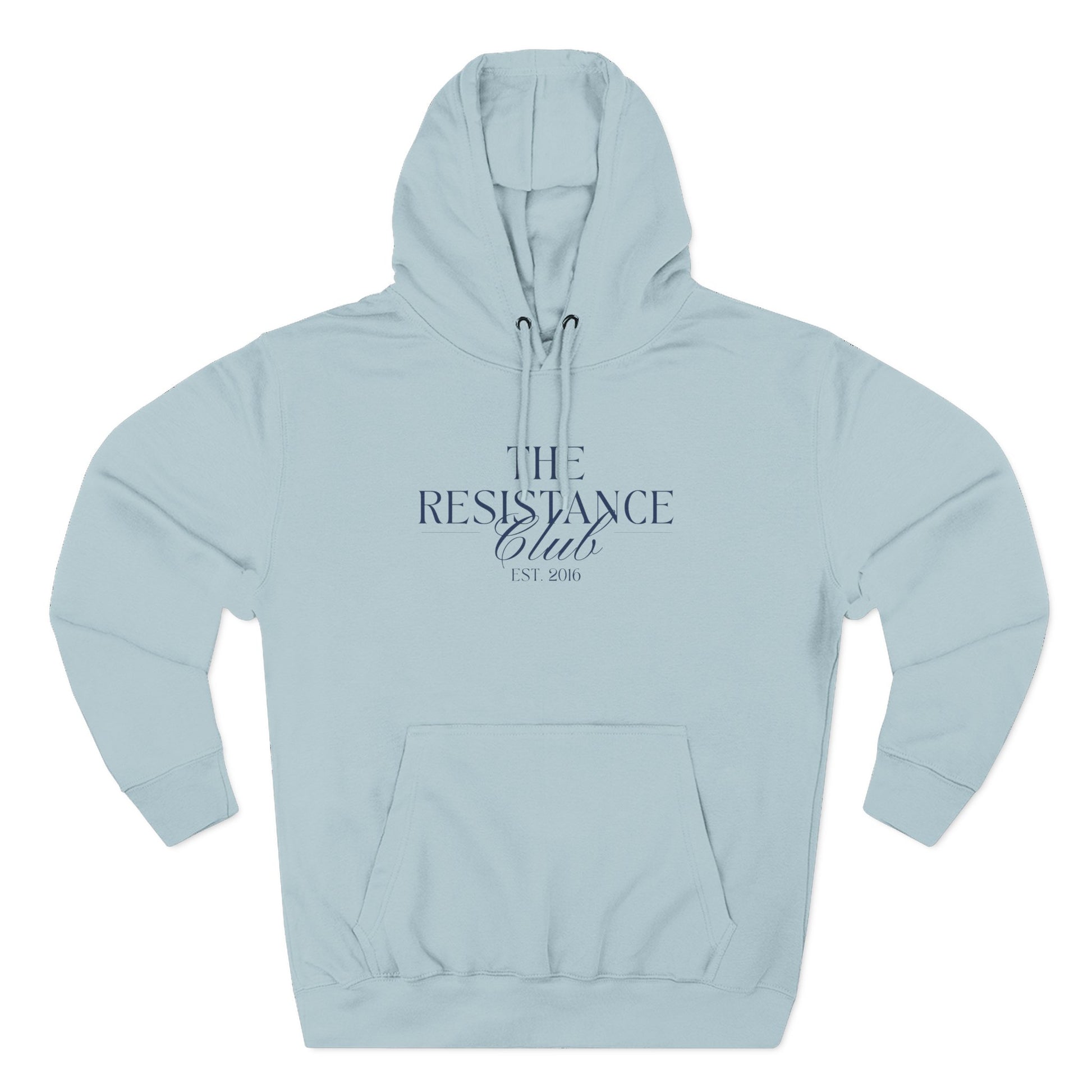 Light blue hoodie with 'The Resistance Club est. 2016' navy blue text