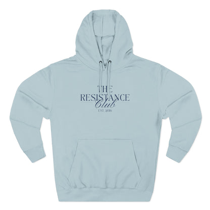 Light blue hoodie with 'The Resistance Club est. 2016' navy blue text