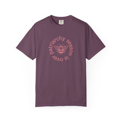 Purple unisex Comfort Colors t-shirt pink "patriarchy season is over" text circling around a queen bee graphic 
