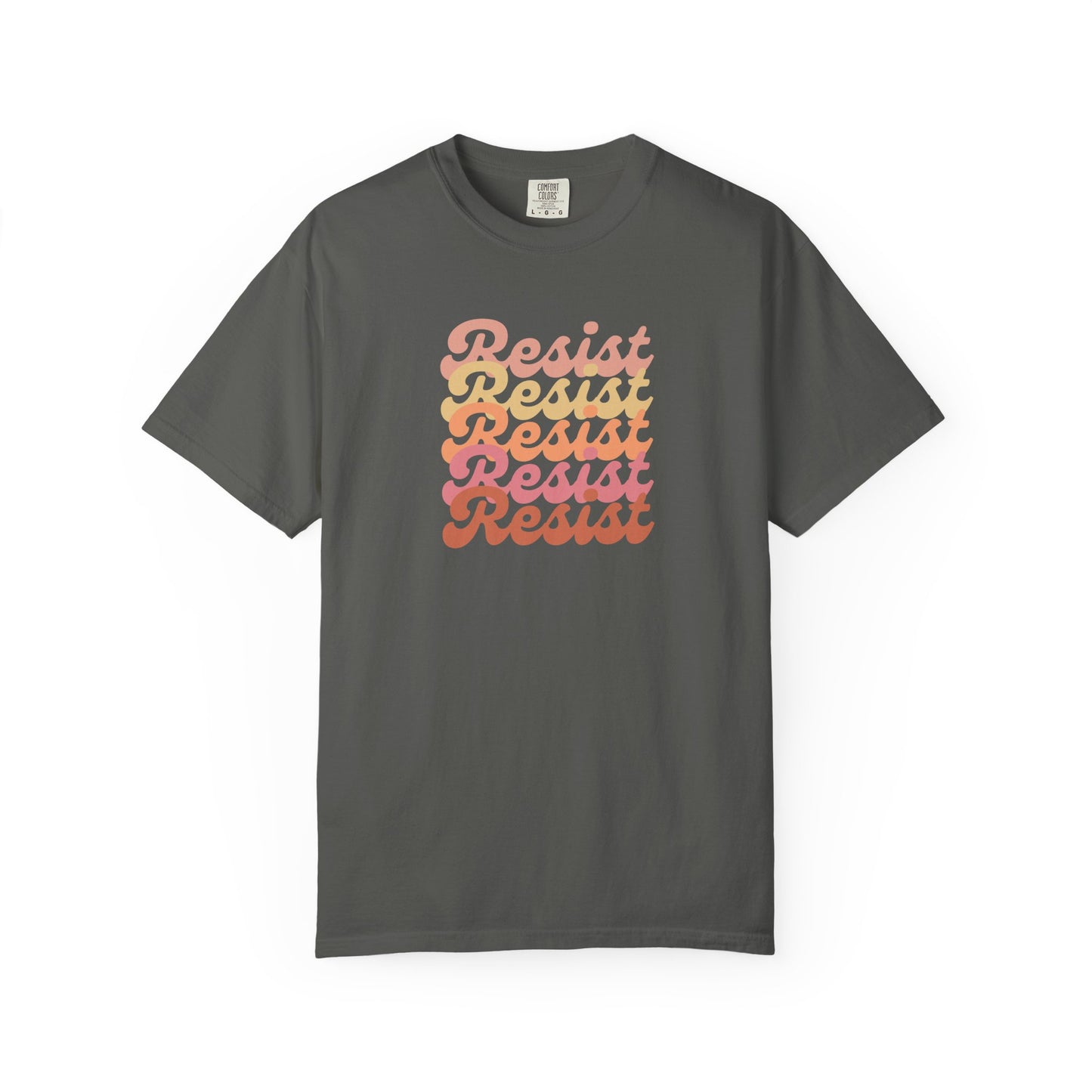 Gray unisex t-shirt with 'Resist' text in a gradient of colors