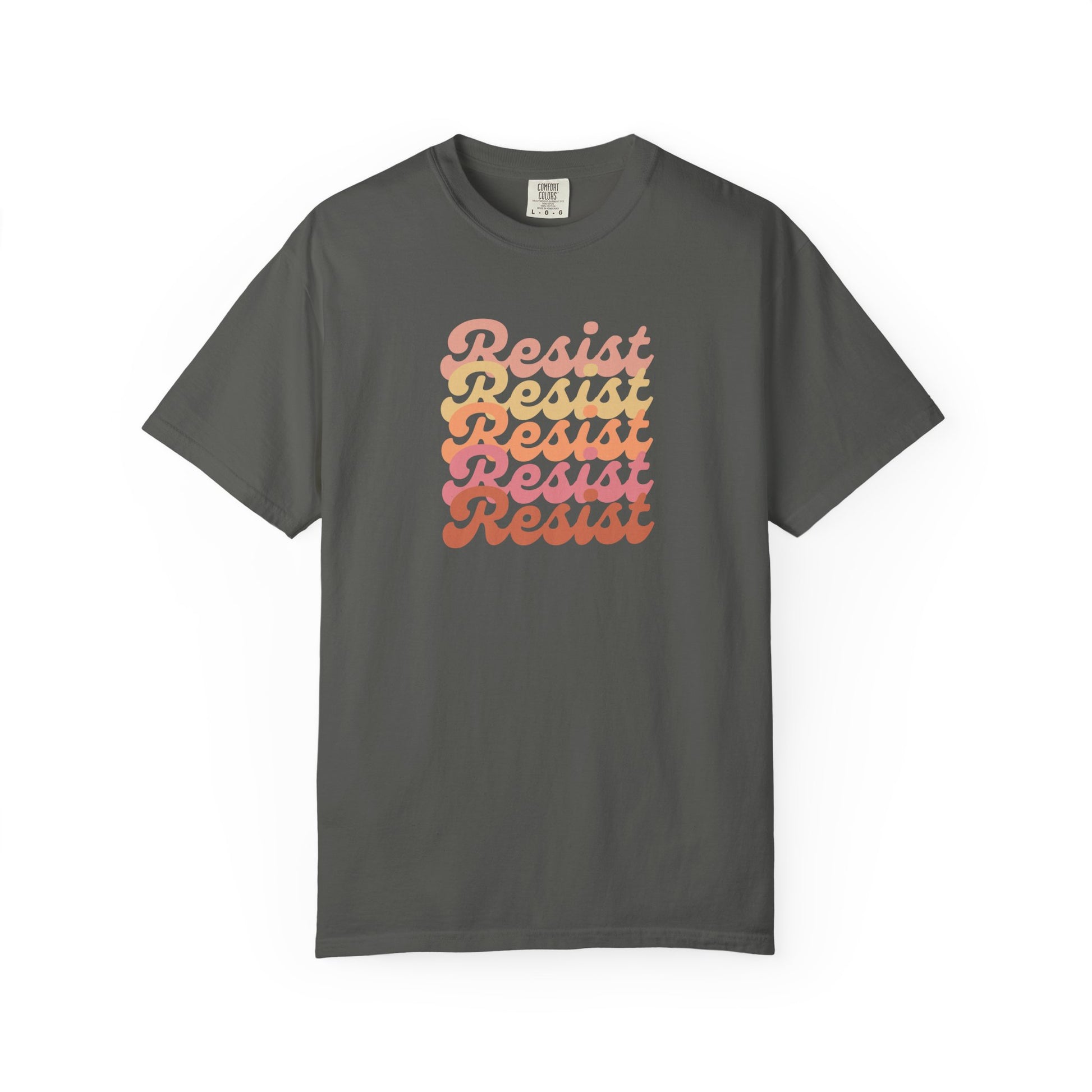 Gray unisex t-shirt with 'Resist' text in a gradient of colors