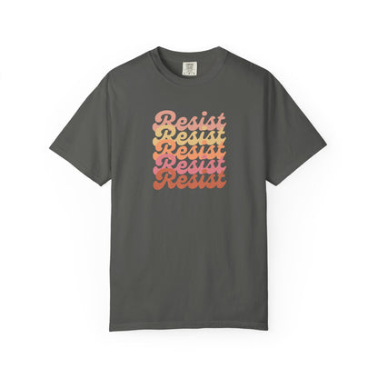 Gray unisex t-shirt with 'Resist' text in a gradient of colors