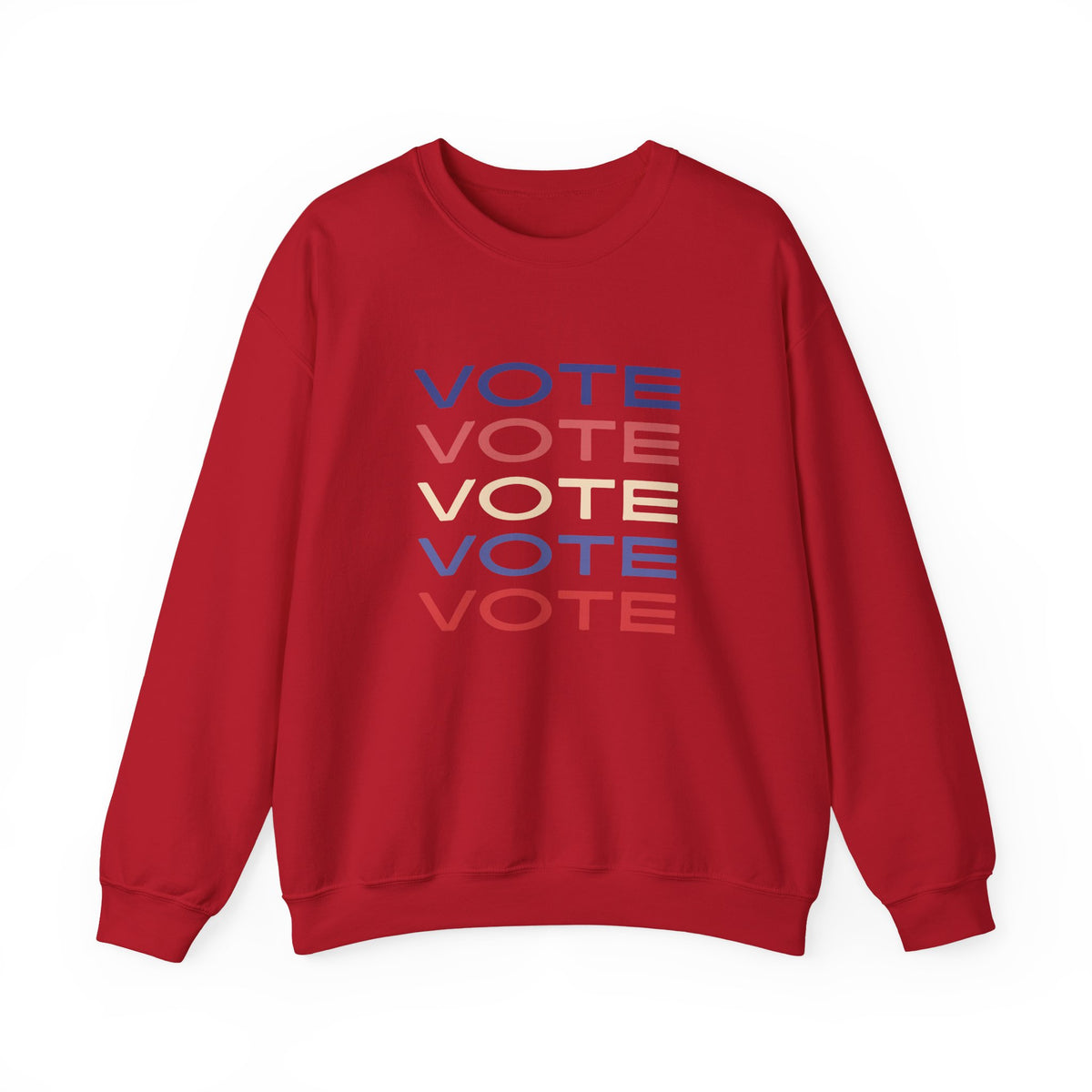 A red crewneck sweatshirt featuring a stacked graphic print of the word 'VOTE' in blue, red, and beige, displayed on a clean white background.