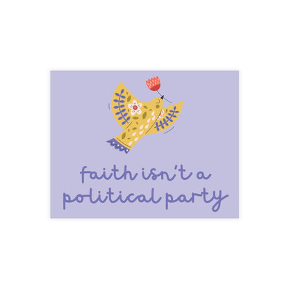 Light purple postcard with a yellow folk art dove holding a red flower with text 'faith isn't a political party'.