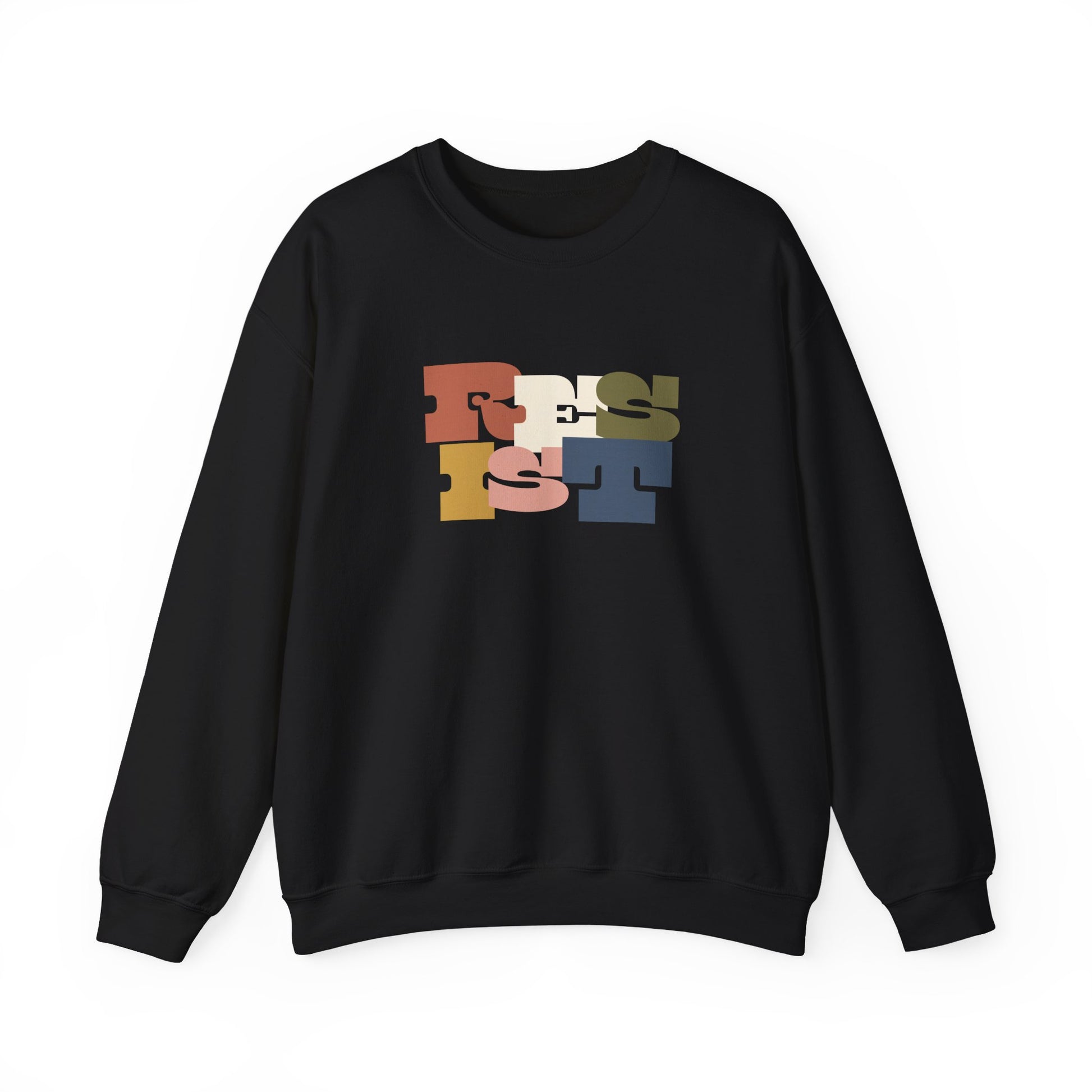 Black sweatshirt with colorful 'RESIST' text 
