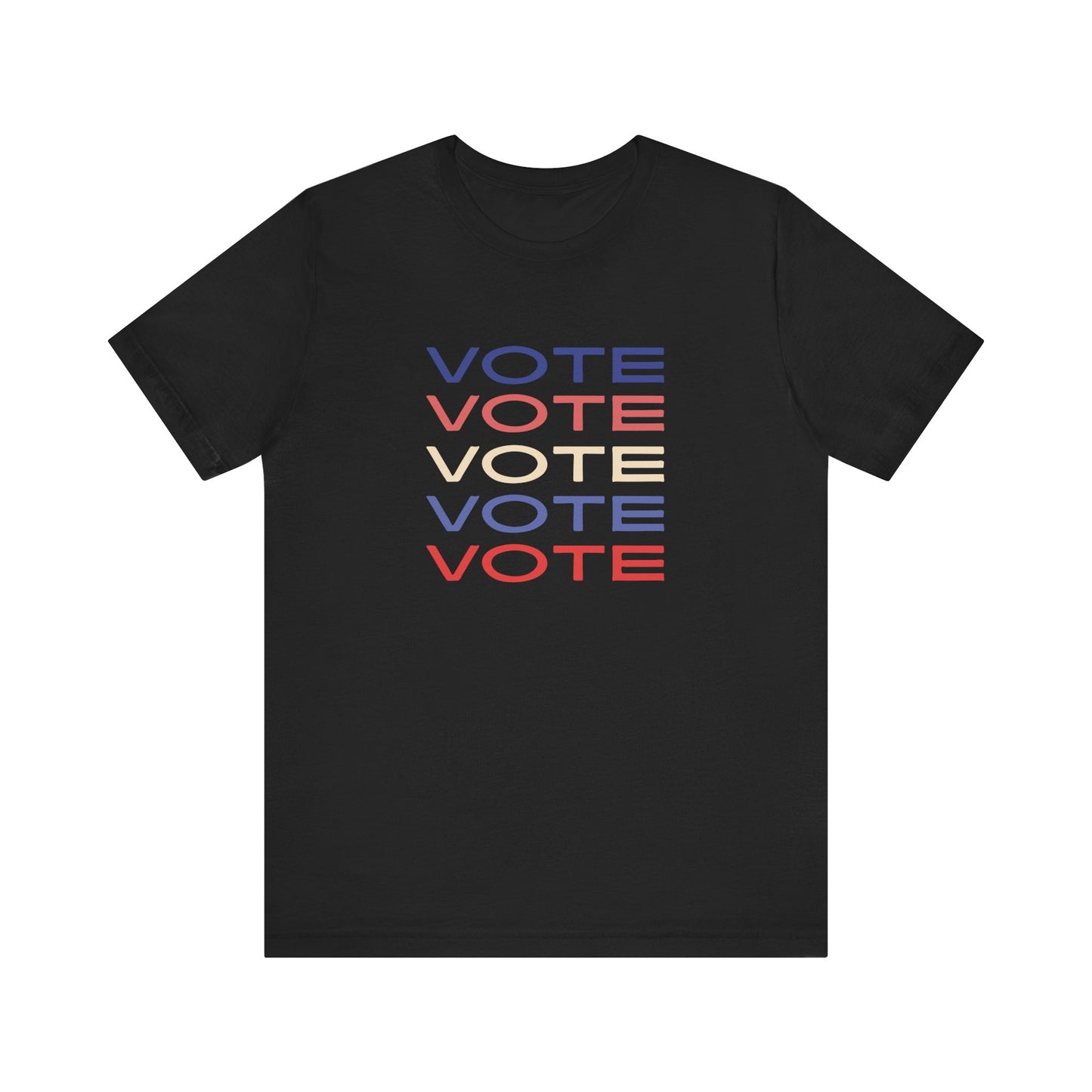 A black short-sleeve crewneck t-shirt featuring a stacked graphic print of the word 'VOTE' in blue, red, and cream on the chest.