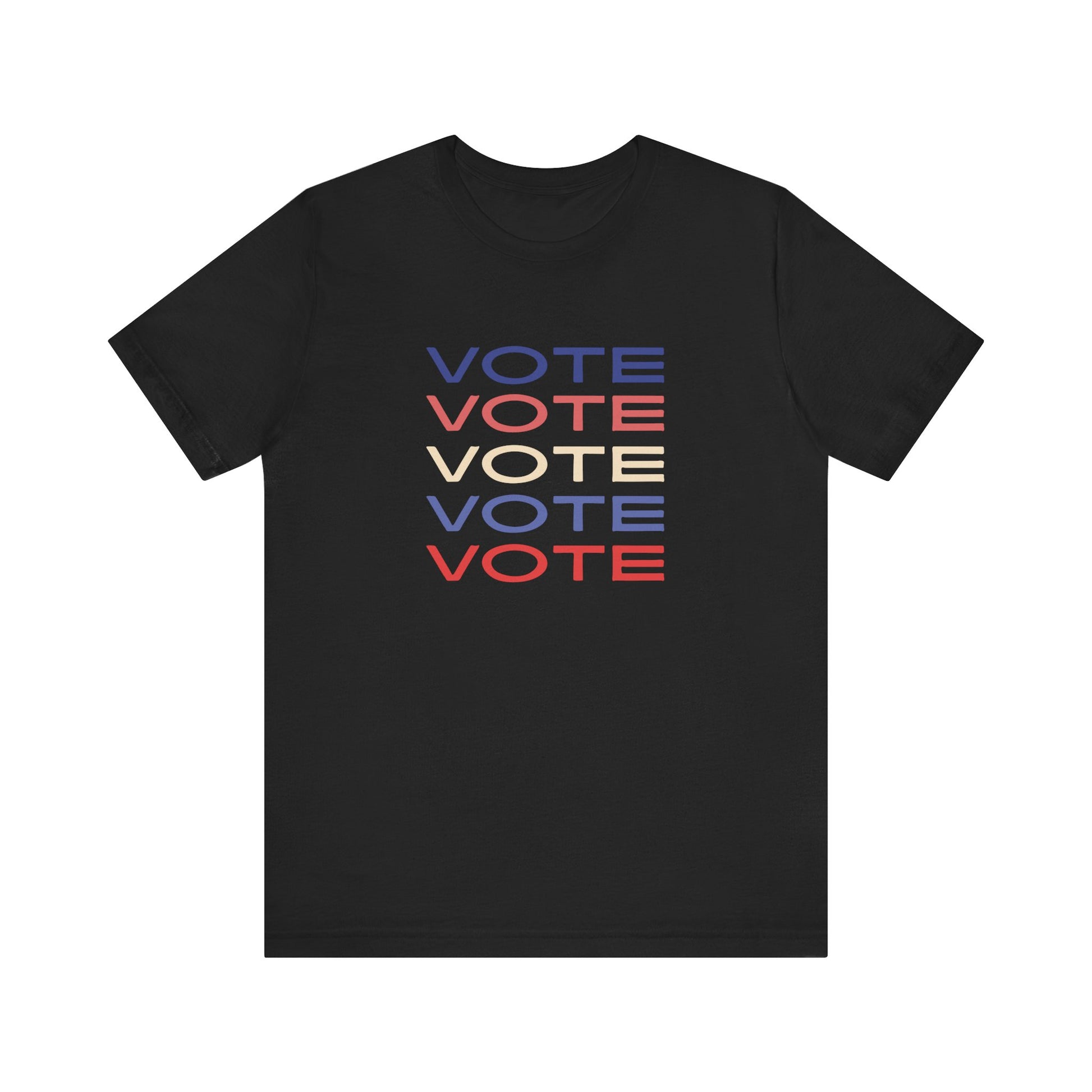 A black short-sleeve crewneck t-shirt featuring a stacked graphic print of the word 'VOTE' in blue, red, and cream on the chest.