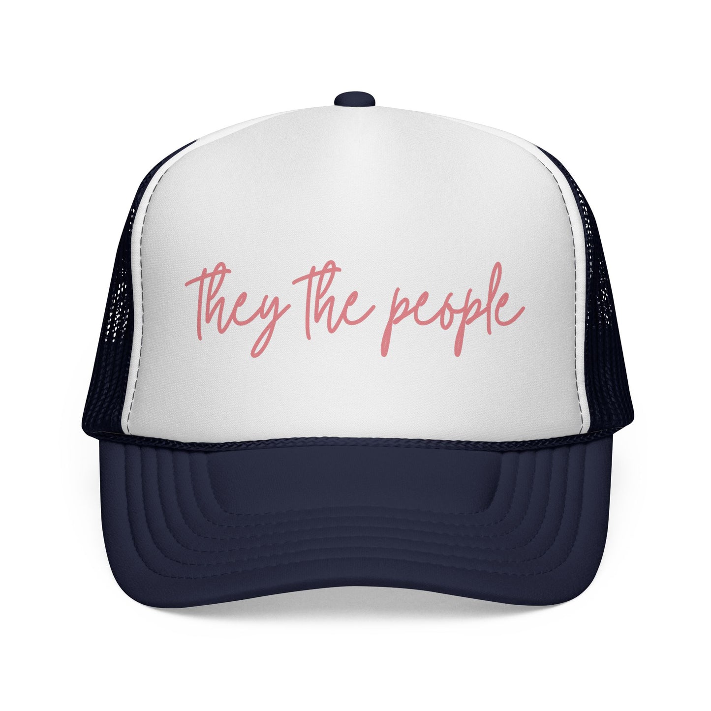 Navy blue and white mesh trucker hat with 'They the people' text in pink 