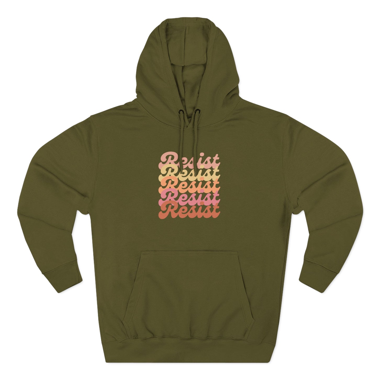 Green hoodie with 'Resist' text in gradient colors 