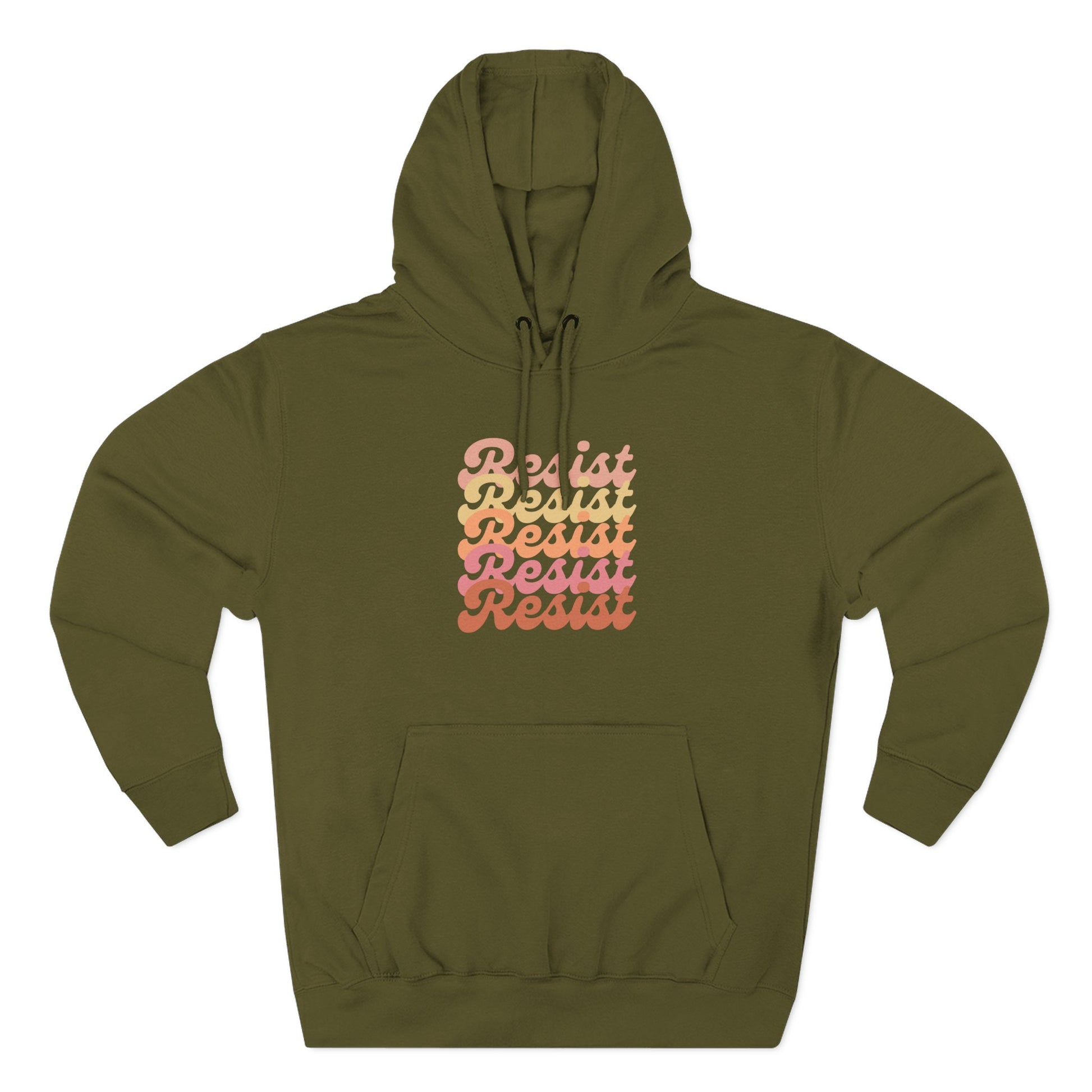 Green hoodie with 'Resist' text in gradient colors 