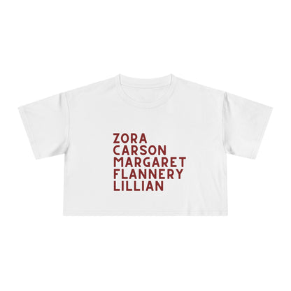 White cropped women's tee with red text "Zora, Carson, Margaret, Flannery, Lillian"