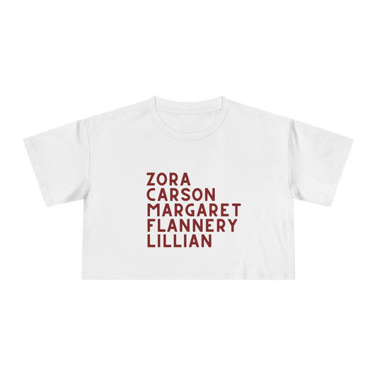 White cropped women's tee with red text "Zora, Carson, Margaret, Flannery, Lillian"