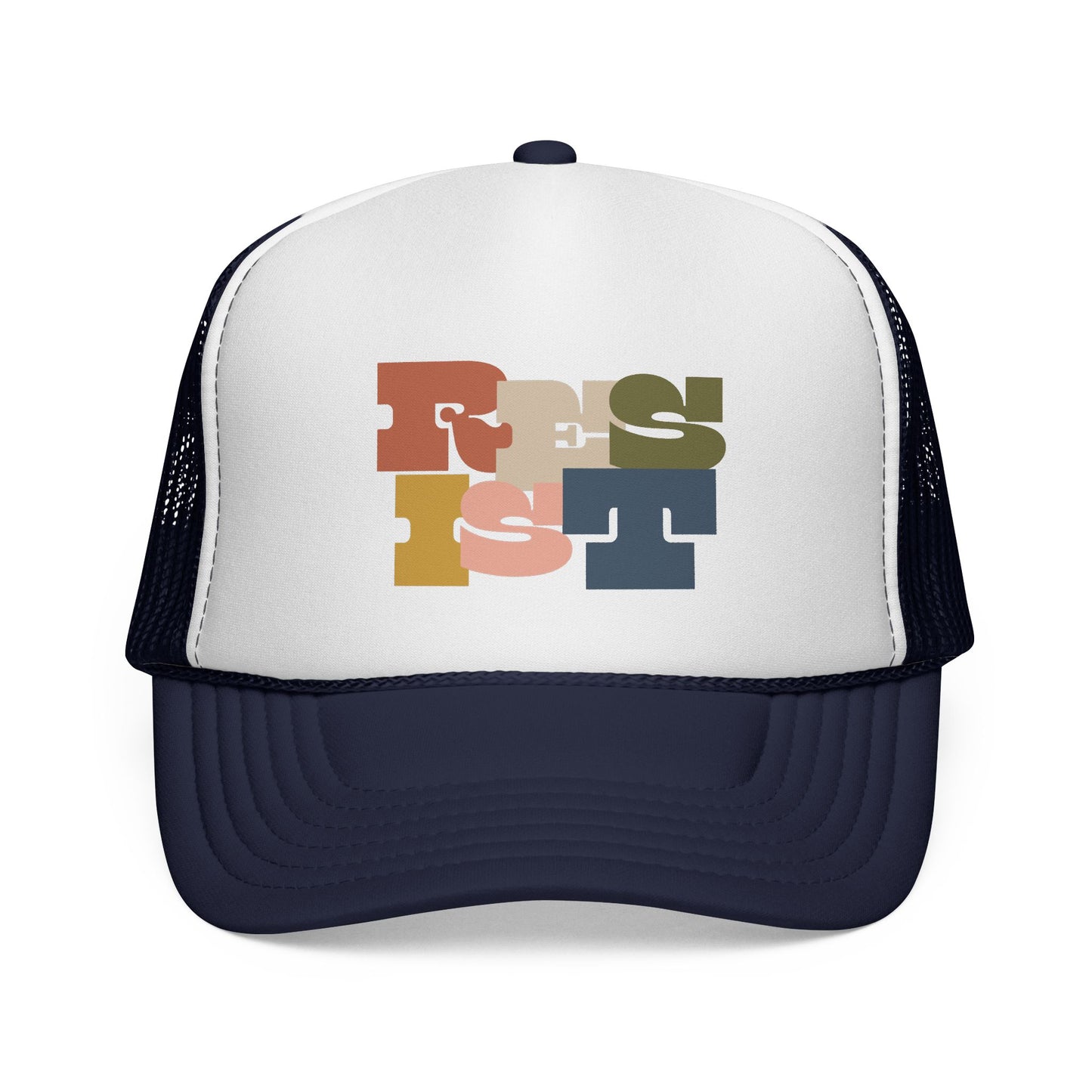 Navy blue and white trucker hat with colorful "Resist" text 