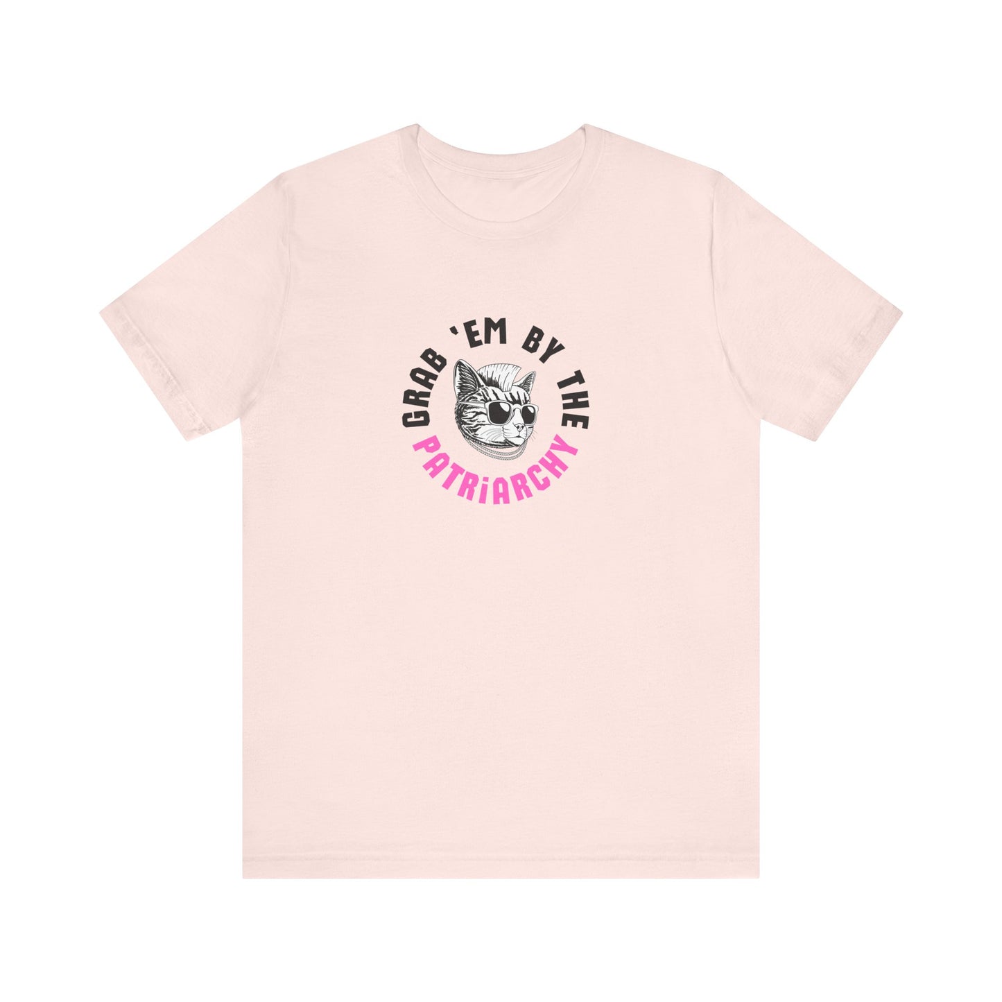Pink t-shirt with punk rock graphic design and black and hot pink text "grab 'em by the patriarchy"
